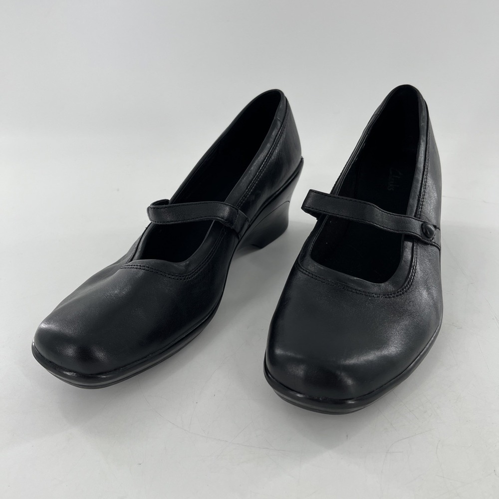 Clarks Leather Mary Jane Pumps Slip On Wedge Heel 8 M Womens Emeraldsea Black - Picture 3 of 16